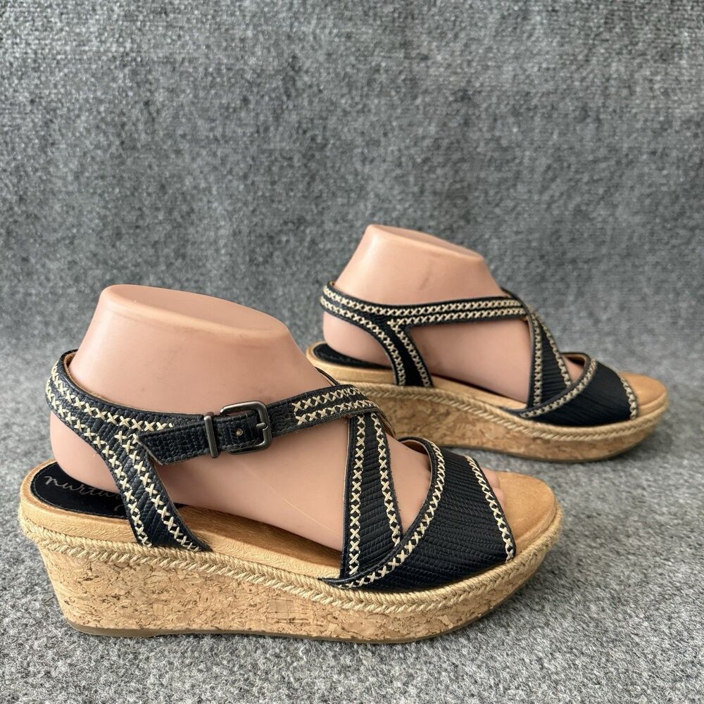 Nurture Lilithe Dark Blue Cork Wedge Platform Sandals Size 8 M Cross Stitch